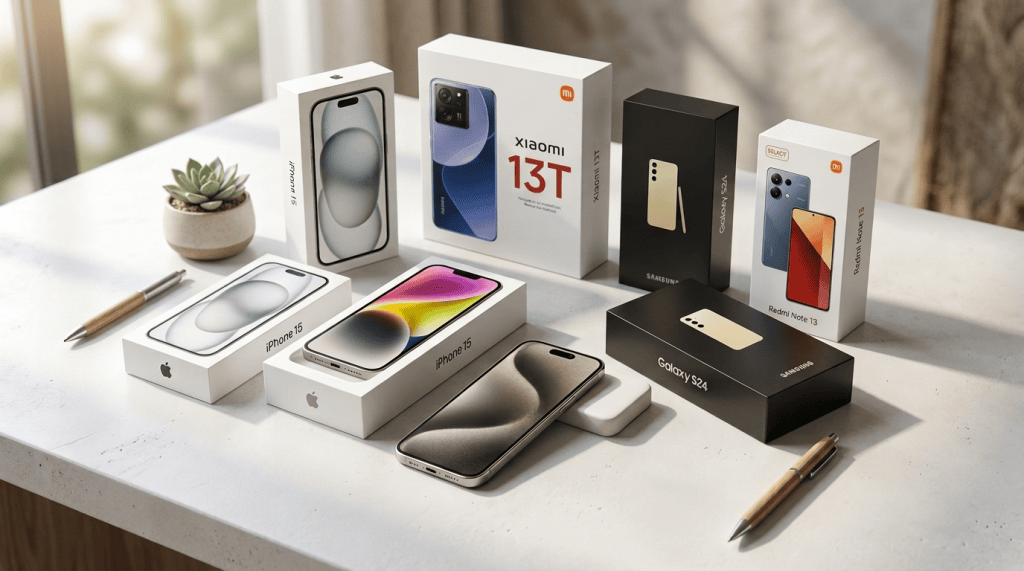 Smartphones displayed with signs reading “¡BAJA DE PRECIOS HISTÓRICA!” and discounted prices.