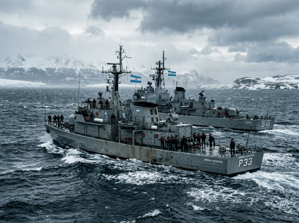 Two Argentine naval vessels, P33 and D-13, at sea near Antarctica