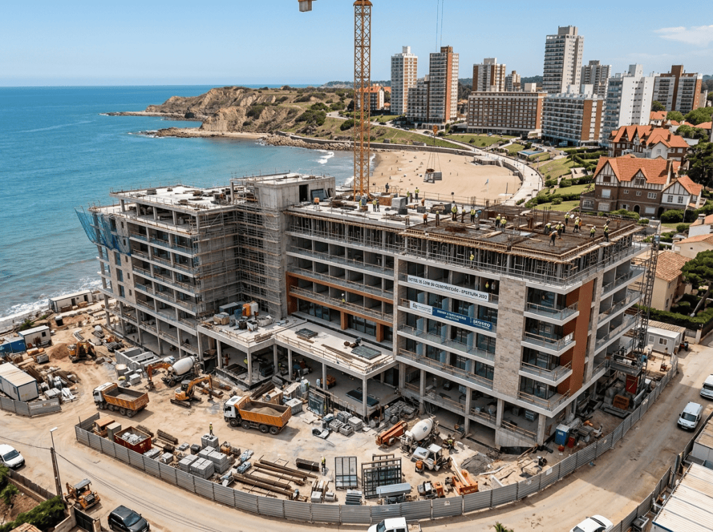 Multi-story building under construction beside a turquoise coastal bay
