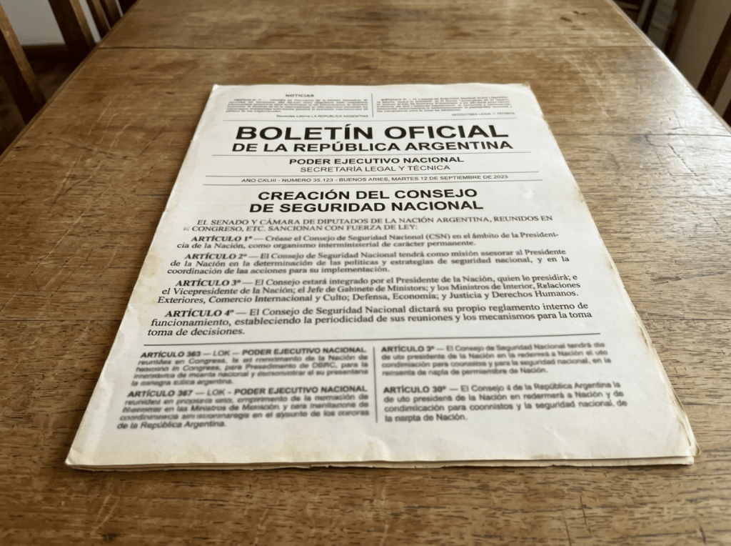 Argentine Official Gazette announcing creation of the National Security Council