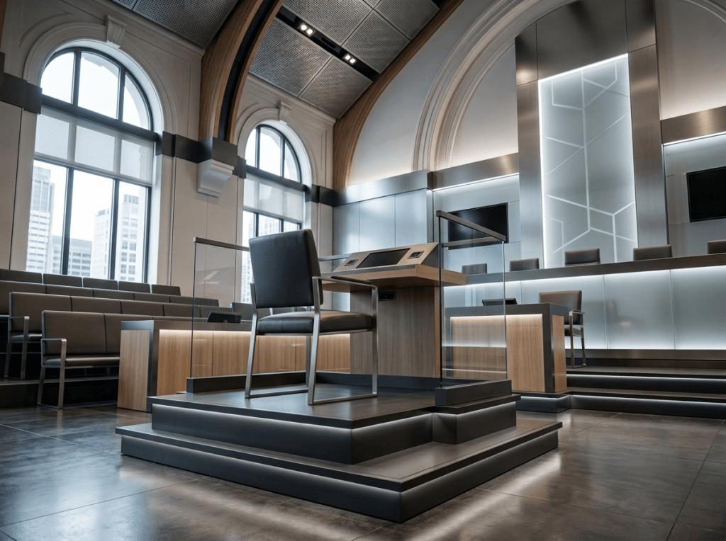 Empty wooden witness stand inside an ornate historic courtroom