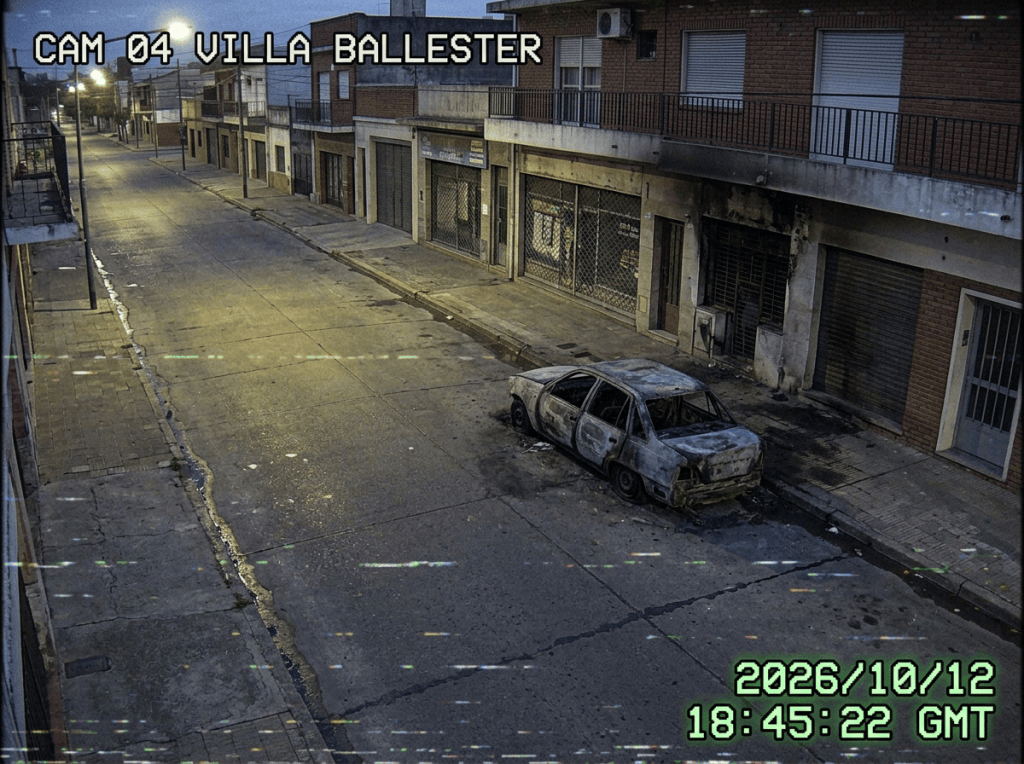 Surveillance view labeled CAM 04 VILLA BALLESTER, showing a deserted street, burned-out car, and timestamp 2026/10/12 18:45:22 (GMT).